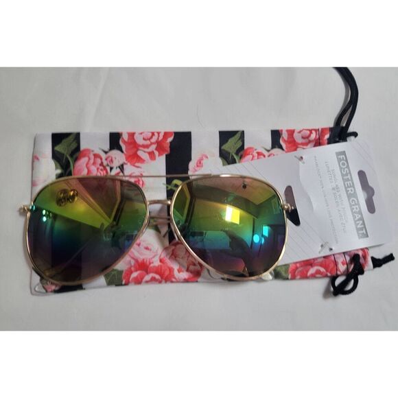 Foster Grant NEW WOMENS GOLD FRAME SUNGLASSES with Rainbow Lenses and Floral Pou - Picture 3 of 9
